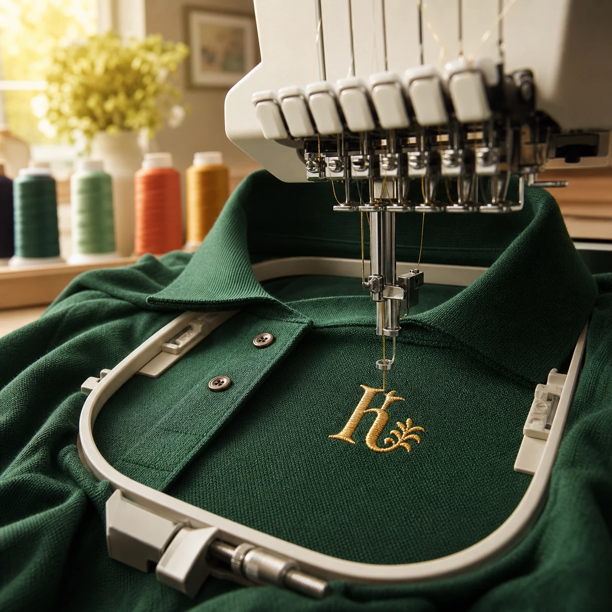 Embroidery machine stitching a gold monogram on green fabric