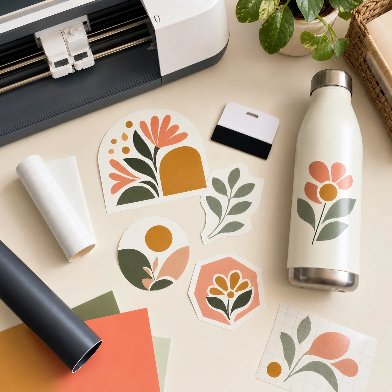 Custom floral vinyl decals, stickers and a personalized bottle